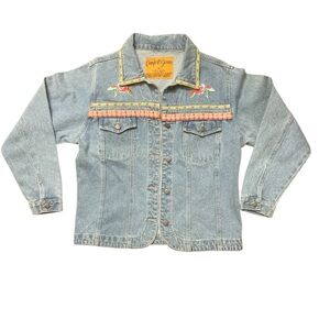 New Women's Medium Blue Jean Jacket with Embroidered Flowers and Buttons